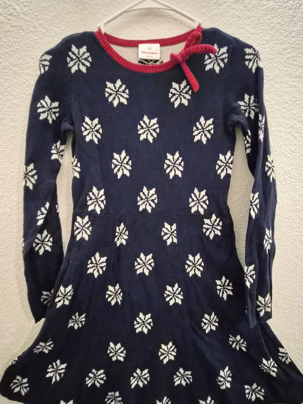 Girls' Navy Snowflake Knit Sweater Dress with Red Trim 140cm